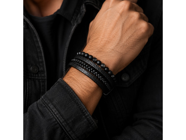 Heren Armband Zwart Gevlochten Design met Kralen – foto 2 – kavel bij XL Auctions