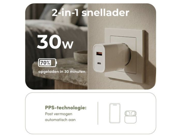 Ëssentials by Upström Dual-Port Oplader 30W – USB-C & USB-A – foto 2 – kavel bij XL Auctions