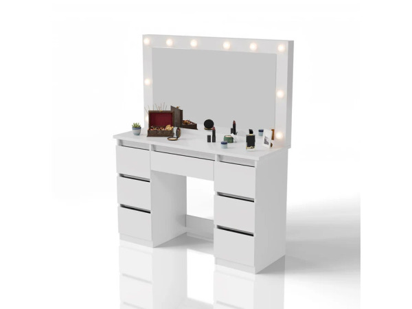 Kaptafel / Schminktafel Lilia - Incl. LED en Lades - Wit – kavel bij XL Auctions