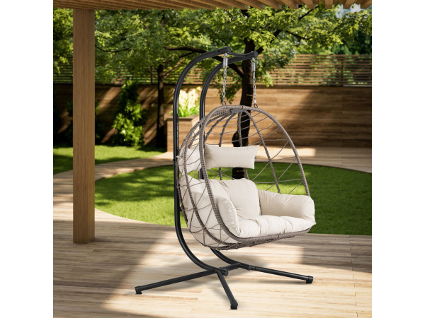 Juskys Polyrotan Dubbele Hangstoel Aria - Beige – foto 16 – kavel bij XL Auctions