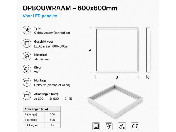 8x Opbouwframe voor LED Paneel – 600x600mm – FRAME-6060 – foto 4 – kavel bij XL Auctions