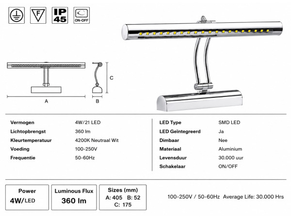 2x LED Spiegel-/Schilderijlamp 4W – 4200K – FLAMINGO-4 – foto 4 – kavel bij XL Auctions