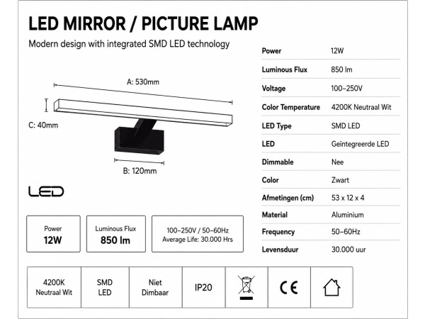 2x LED Spiegel-/Schilderijlamp 12W – Zwart – LEYLEK-12 – foto 4 – kavel bij XL Auctions
