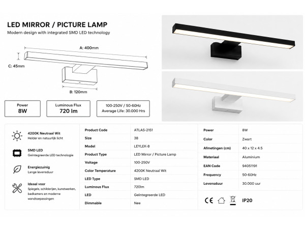 2x LED Spiegel-/Schilderijlamp 8W – Zwart – LEYLEK-8 – foto 4 – kavel bij XL Auctions
