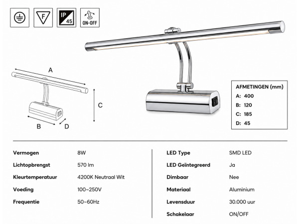 2x LED Spiegel-/Schilderijlamp 8W – 4200K – Chroom – ANKA-8 – foto 4 – kavel bij XL Auctions