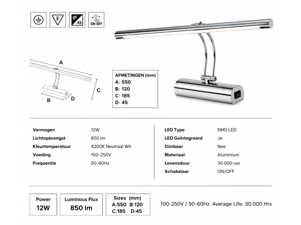 2x LED Spiegel-/Schilderijlamp 12W – Chroom – ANKA-12 – foto 4 – kavel bij XL Auctions