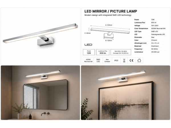 2x LED Spiegel-/Schilderijlamp 12W – Chroom – LEYLEK-12 – foto 5 – kavel bij XL Auctions