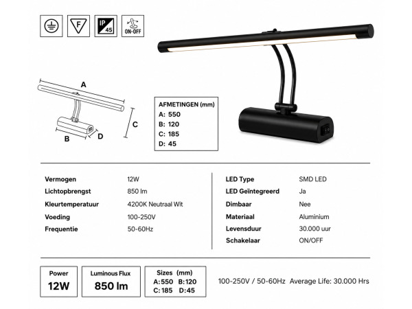 2x LED Spiegel-/Schilderijlamp 12W – Zwart – ANKA-12 – foto 4 – kavel bij XL Auctions