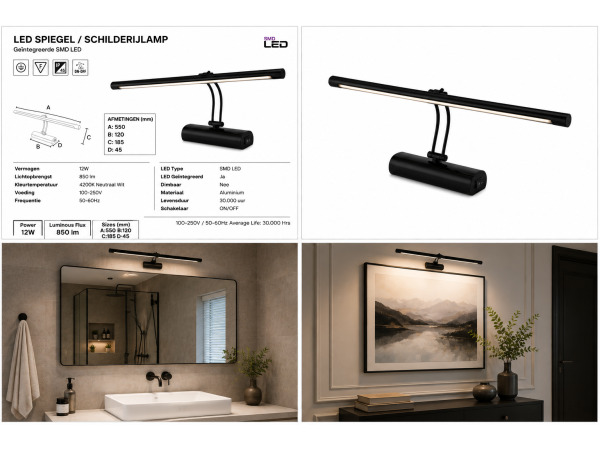 2x LED Spiegel-/Schilderijlamp 12W – Zwart – ANKA-12 – foto 5 – kavel bij XL Auctions