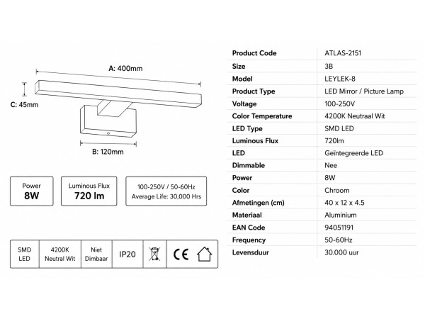 2x LED Spiegel-/Schilderijlamp 8W – Chroom – LEYLEK-8 – foto 4 – kavel bij XL Auctions