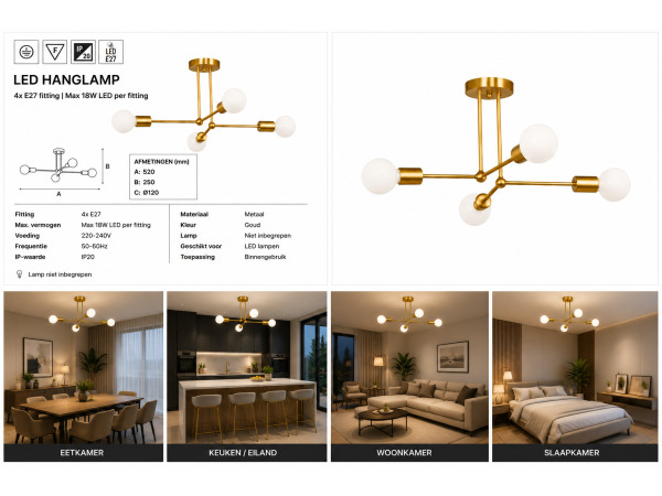 LED Hanglamp Max 18W – E27 – Goud – 520x250mm – LORENZO-4 – foto 3 – kavel bij XL Auctions