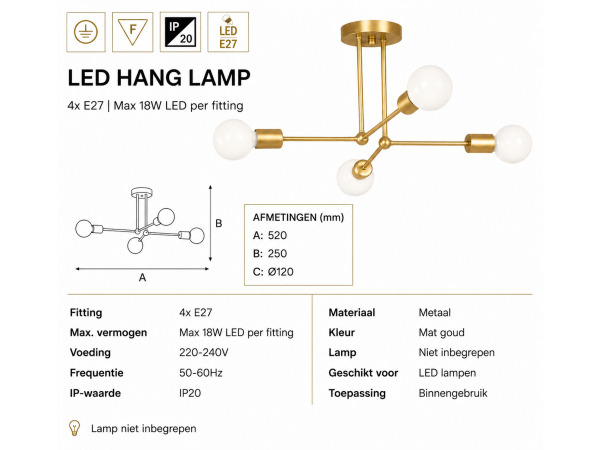 LED Hanglamp Max 18W – E27 – Goud – 520x250mm – LORENZO-4 – foto 5 – kavel bij XL Auctions