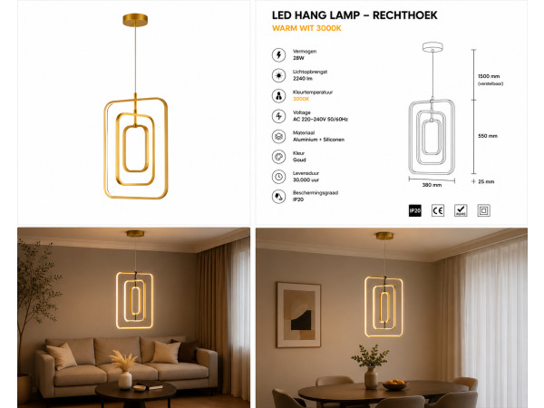 LED Hanglamp – 45W – Goud – In Hoogte Verstelbaar – 5835/3 – foto 3 – kavel bij XL Auctions