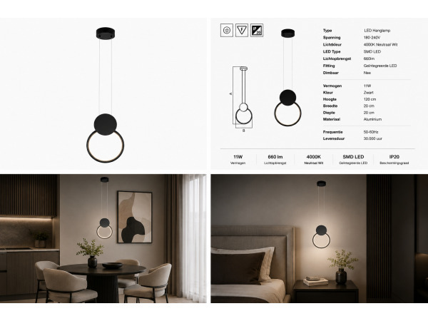 LED Hanglamp 11W – 4000K – Zwart – IP20 – FOREVER – foto 3 – kavel bij XL Auctions