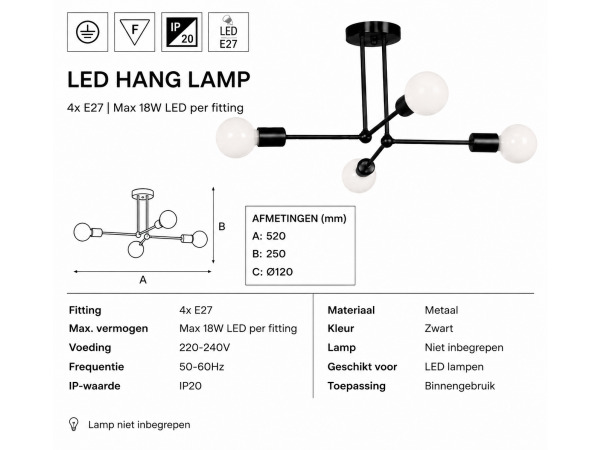 LED Hanglamp Max 18W – E27 – Zwart – 520x250mm – LORENZO-4 – foto 4 – kavel bij XL Auctions