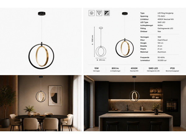 LED Ring Hanglamp 15W – 4000K – Zwart/Goud – DAXTON-15 – foto 3 – kavel bij XL Auctions
