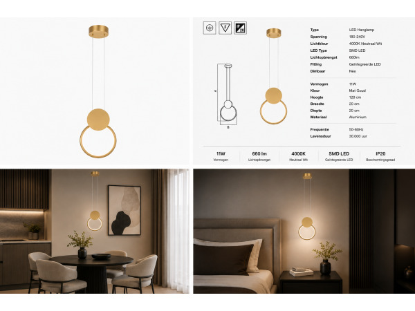 LED Hanglamp 11W – 4000K – Goud – IP20 – FOREVER – foto 3 – kavel bij XL Auctions