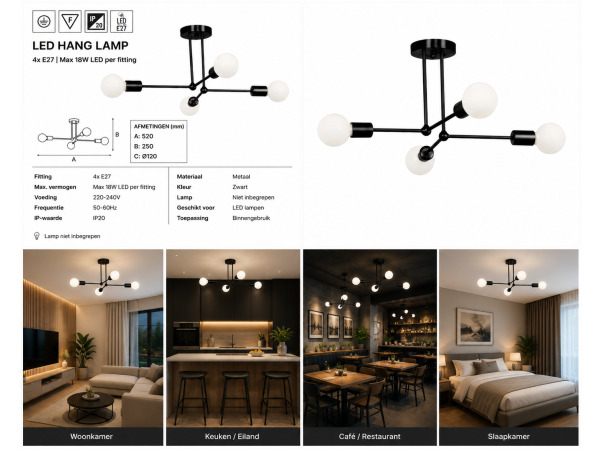 LED Hanglamp Max 18W – E27 – Zwart – 520x250mm – LORENZO-4 – foto 5 – kavel bij XL Auctions
