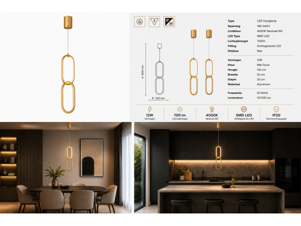 LED Hanglamp 12W – 4000K – Goud – IP20 – SANTANA – foto 4 – kavel bij XL Auctions