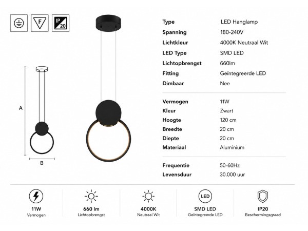 LED Hanglamp 11W – 4000K – Zwart – IP20 – FOREVER – foto 5 – kavel bij XL Auctions