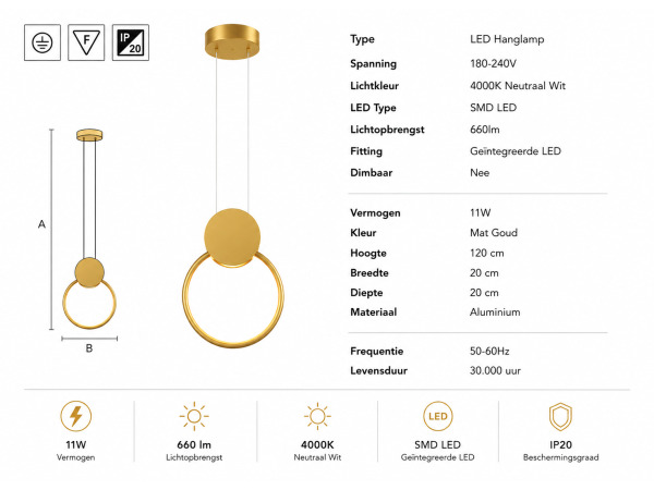LED Hanglamp 11W – 4000K – Goud – IP20 – FOREVER – foto 5 – kavel bij XL Auctions