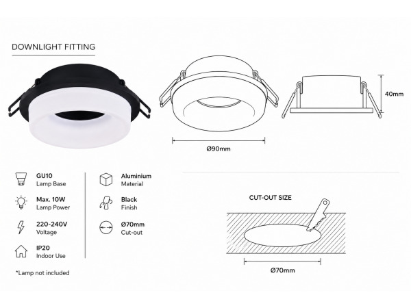 25x Downlight Houder – GU10 – Zwart – Ø70mm – IP20 – KADIFE – foto 4 – kavel bij XL Auctions