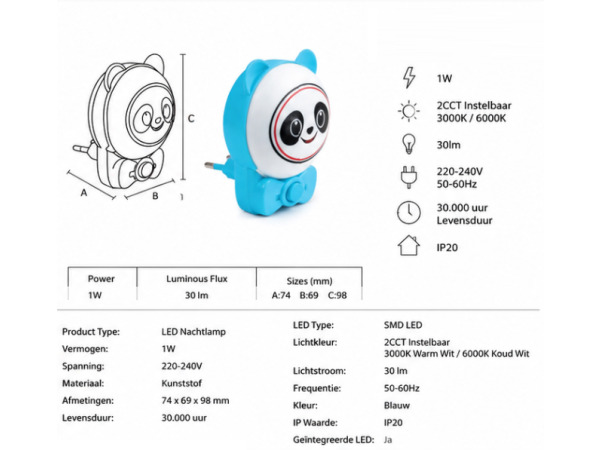 2x LED Nachtlamp 1W – 2CCT – Panda Design – ANDY 2CCT – foto 2 – kavel bij XL Auctions
