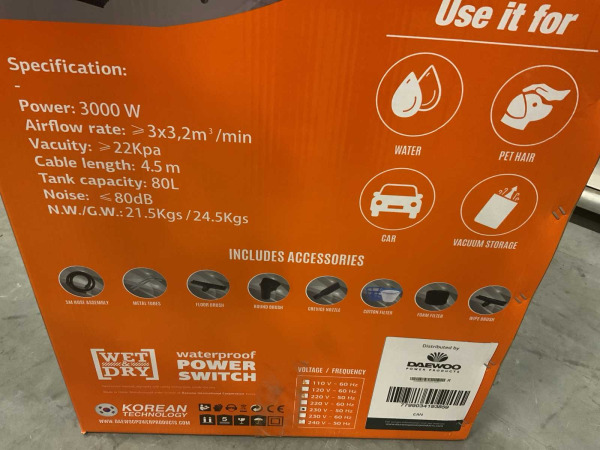 Daewoo industriële nat- en droogzuiger 3000W DAVC3000-80L – foto 16 – kavel bij XL Auctions