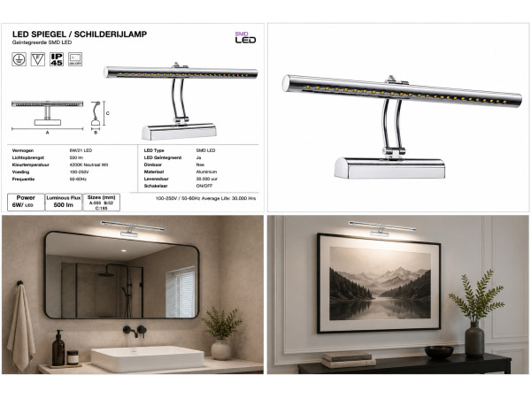 2x LED Spiegel-/Schilderijlamp 6W – 4200K – FLAMINGO-6 – foto 3 – kavel bij XL Auctions