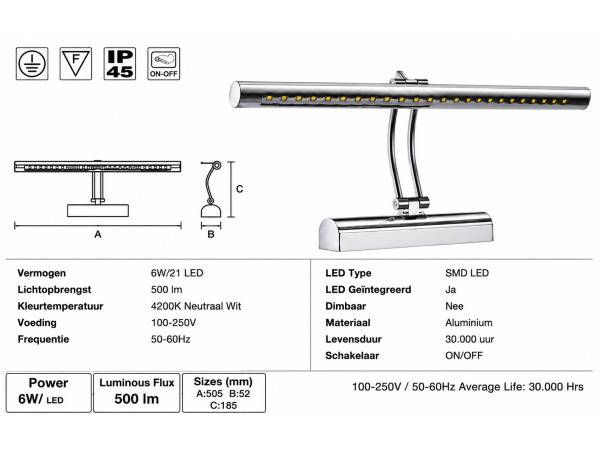 2x LED Spiegel-/Schilderijlamp 6W – 4200K – FLAMINGO-6 – foto 4 – kavel bij XL Auctions