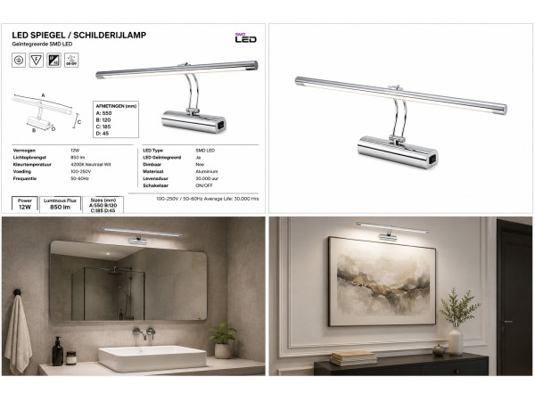 2x LED Spiegel-/Schilderijlamp 12W – Chroom – ANKA-12 – foto 5 – kavel bij XL Auctions
