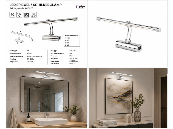 2x LED Spiegel-/Schilderijlamp 8W – 4200K – Chroom – ANKA-8 – foto 5 – kavel bij XL Auctions