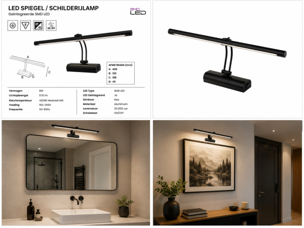 2x LED Spiegel-/Schilderijlamp 8W – 4200K – Zwart – ANKA-8 – foto 3 – kavel bij XL Auctions