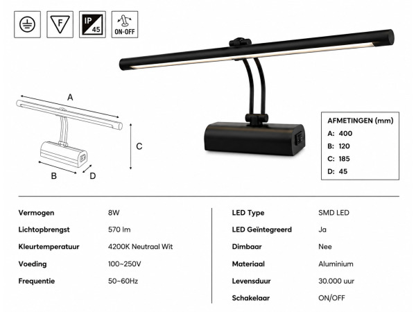 2x LED Spiegel-/Schilderijlamp 8W – 4200K – Zwart – ANKA-8 – foto 5 – kavel bij XL Auctions