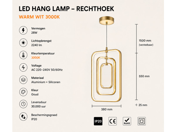LED Hanglamp – 45W – Goud – In Hoogte Verstelbaar – 5835/3 – foto 2 – kavel bij XL Auctions