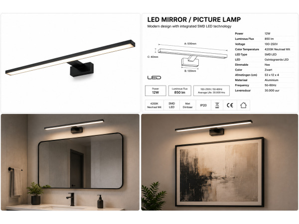 2x LED Spiegel-/Schilderijlamp 12W – Zwart – LEYLEK-12 – foto 3 – kavel bij XL Auctions