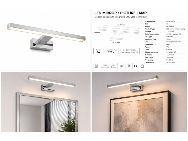 2x LED Spiegel-/Schilderijlamp 8W – Chroom – LEYLEK-8 – foto 5 – kavel bij XL Auctions