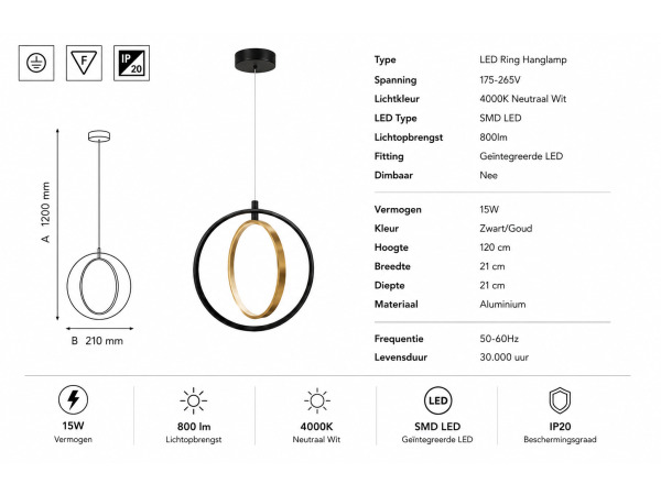 LED Ring Hanglamp 15W – 4000K – Zwart/Goud – DAXTON-15 – foto 5 – kavel bij XL Auctions
