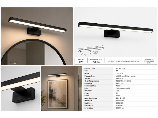 2x LED Spiegel-/Schilderijlamp 8W – Zwart – LEYLEK-8 – foto 5 – kavel bij XL Auctions