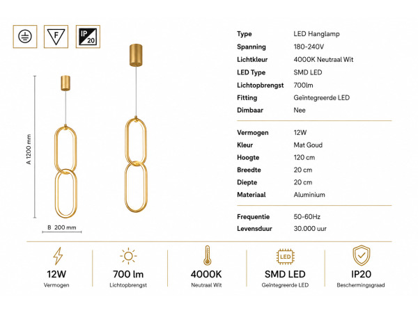 LED Hanglamp 12W – 4000K – Goud – IP20 – SANTANA – foto 3 – kavel bij XL Auctions