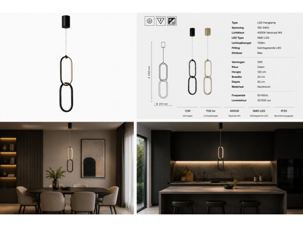 LED Hanglamp 12W – 4000K – Zwart – IP20 – SANTANA – foto 2 – kavel bij XL Auctions