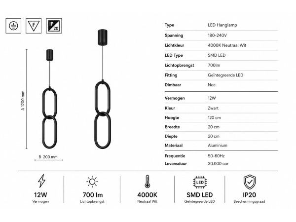 LED Hanglamp 12W – 4000K – Zwart – IP20 – SANTANA – foto 5 – kavel bij XL Auctions