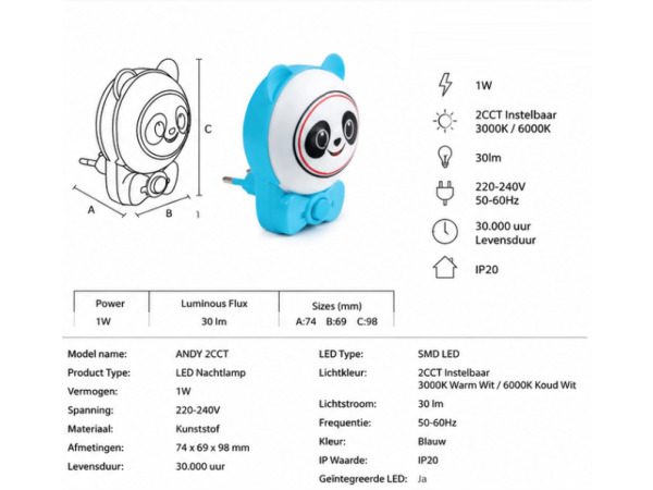 4x LED Nachtlamp 1W – 2CCT – Panda Design – ANDY 2CCT – foto 4 – kavel bij XL Auctions