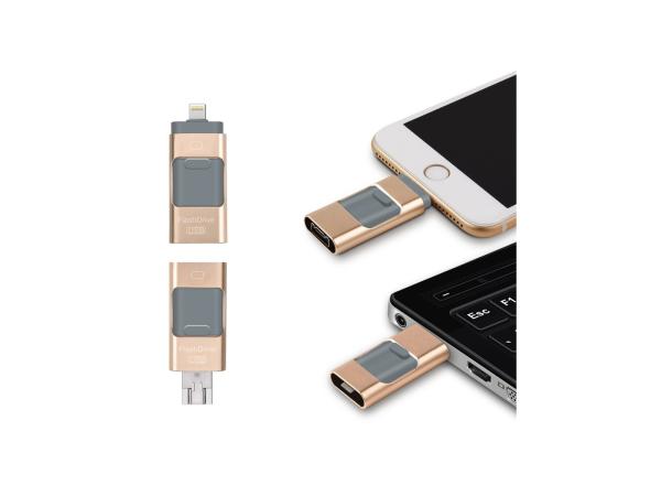 Flashdrive 3 in 1 goud - USB - Lightning - Micro usb - 64GB