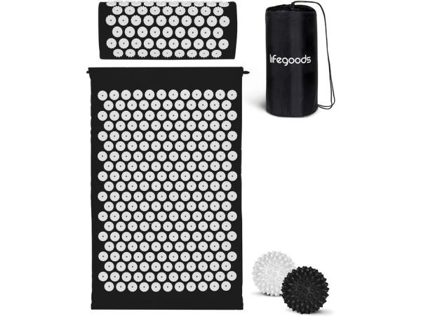 LifeGoods Acupressuur Mat met kussen - zwart/wit 